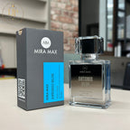 Mira Max Antonio Blue perfume bottle and packaging on a table.