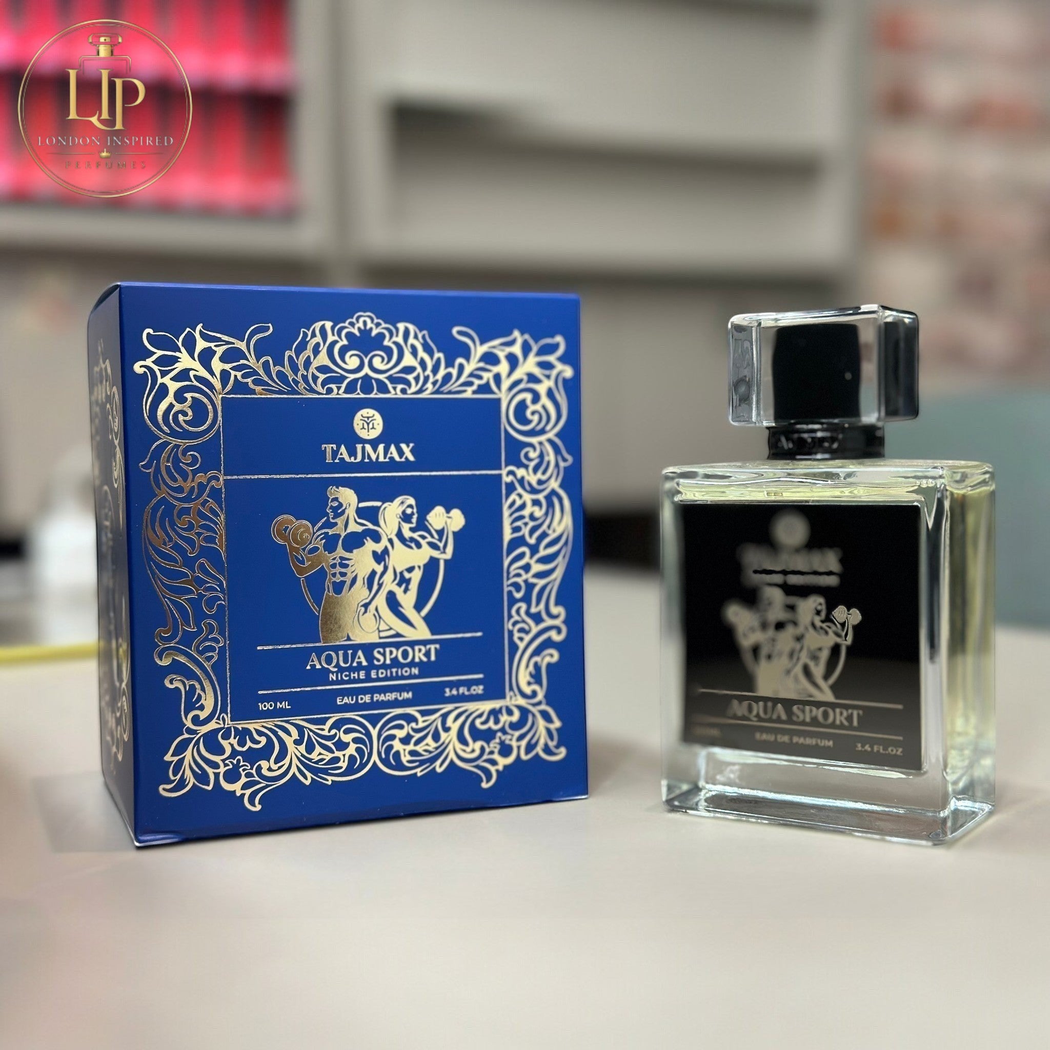 Tajmax Aqua Sport perfume bottle and packaging on a table