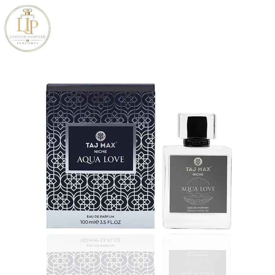 Taj Max Aqua Oud perfume bottle and packaging on a white background