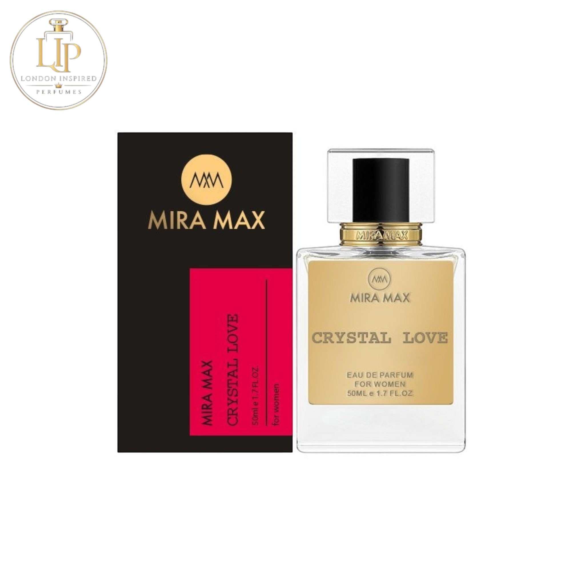 Mira Max Crystal Love perfume bottle and packaging on a white background