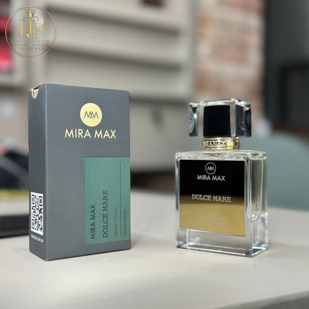 Mira Max Dolce Mare perfume bottle and packaging on a blurred background