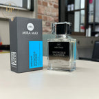 Mira Max Invincible Platinum perfume bottle and packaging on a table.