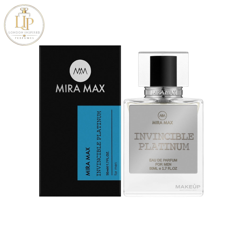 Mira Max Invincible Platinum perfume bottle and packaging on a white background