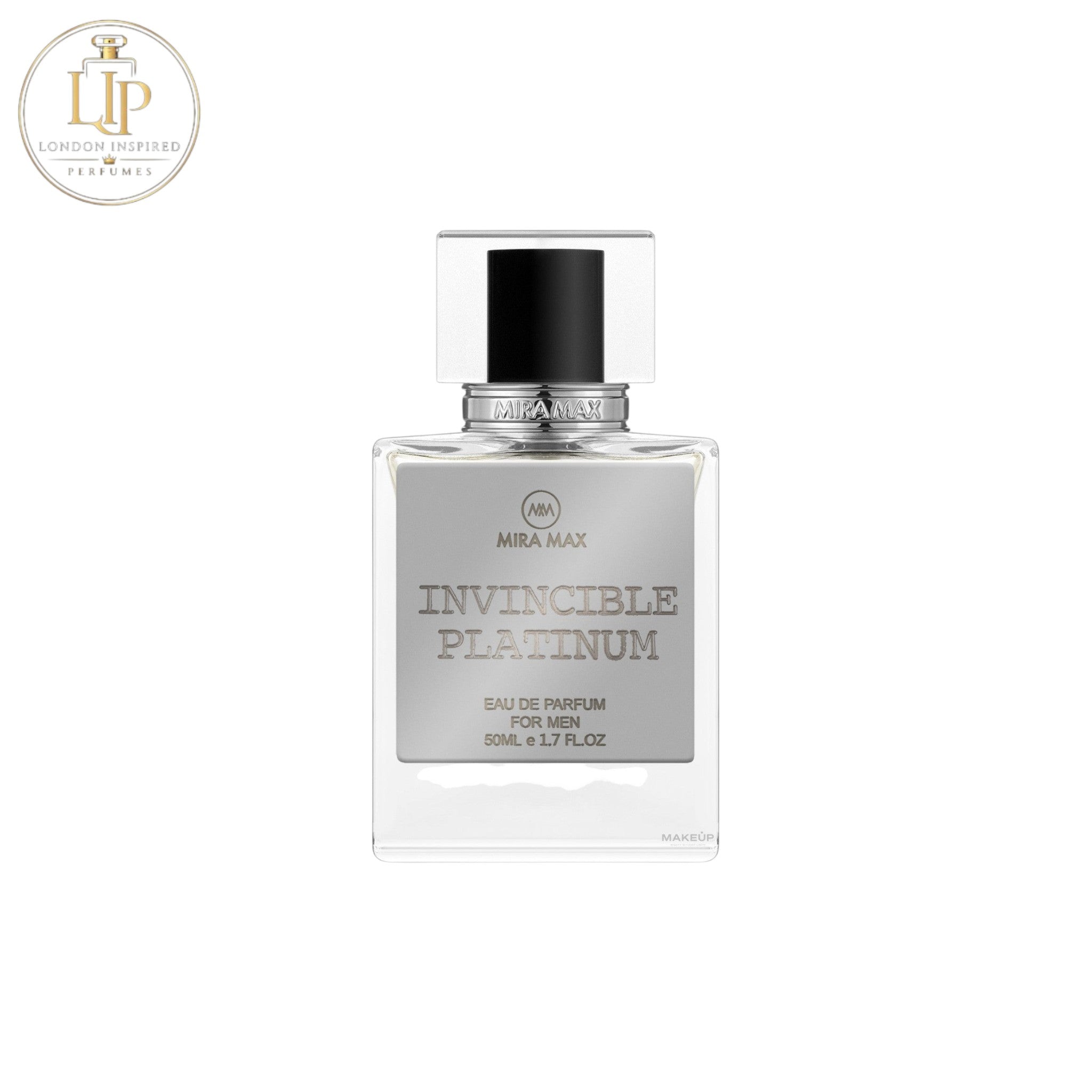 Mira Max Invincible Platinum perfume bottle on a white background