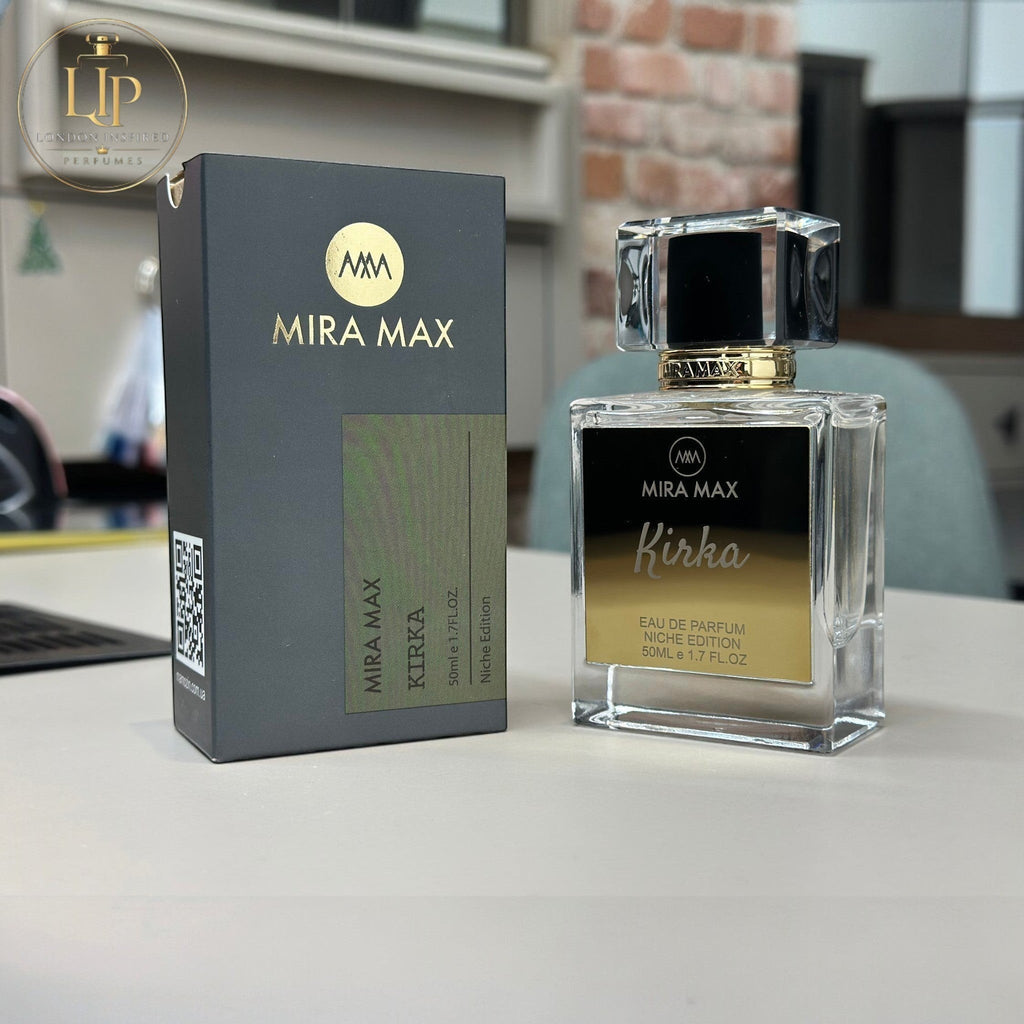 MIRA MAX Kirka perfume bottle and packaging on a table with a blurred indoor background
