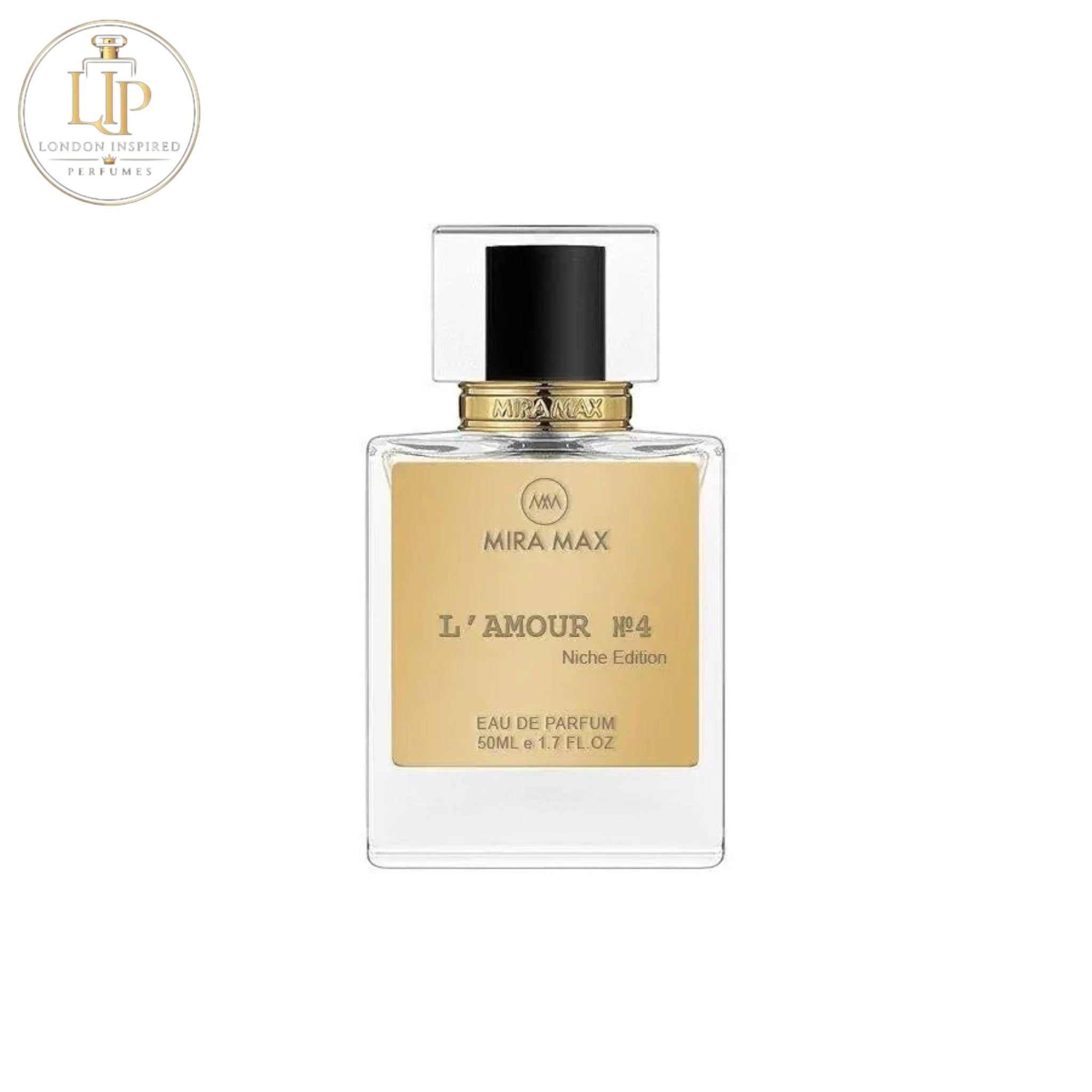 Perfume bottle labeled 'L'Amour N4' by Mira Max on a white background