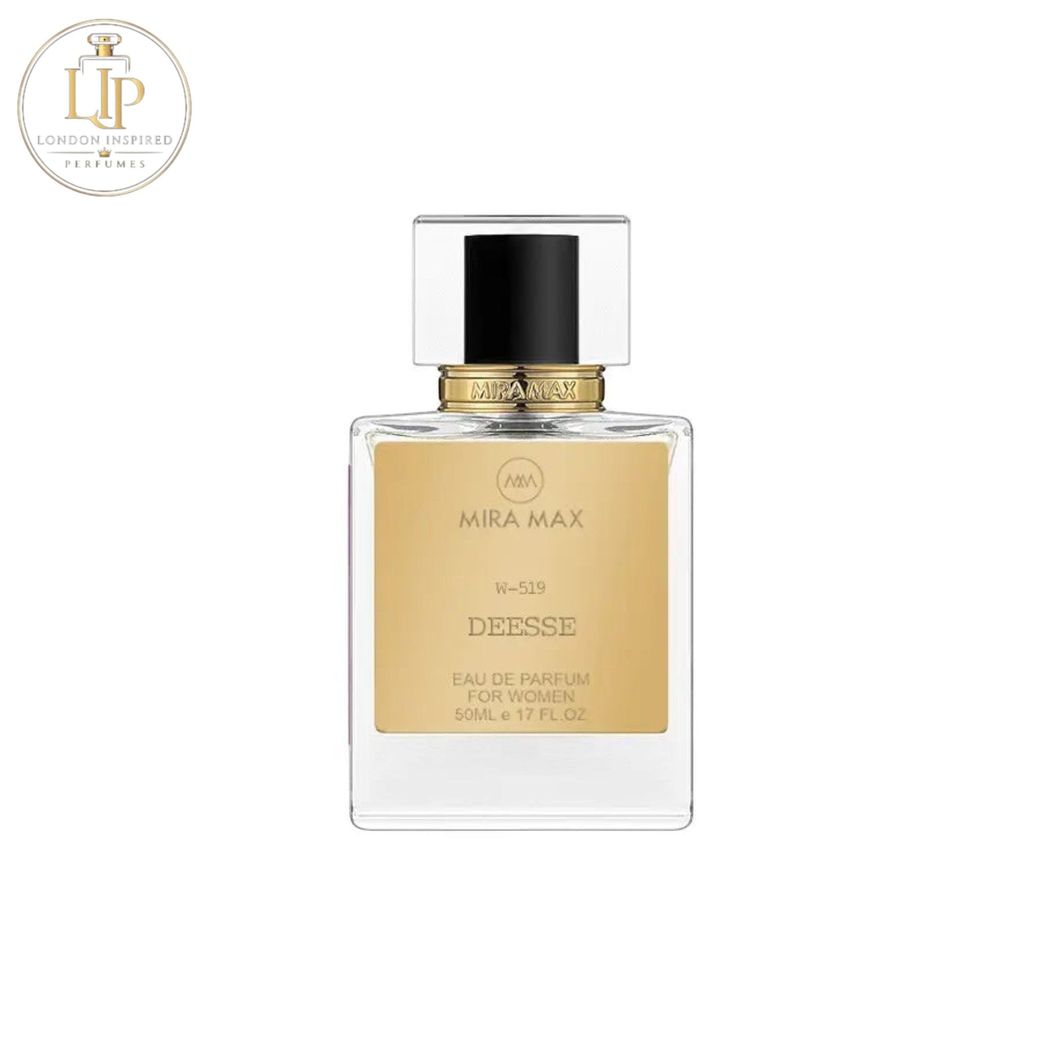 Perfume bottle labeled 'Mira Max Deesse' on a white background
