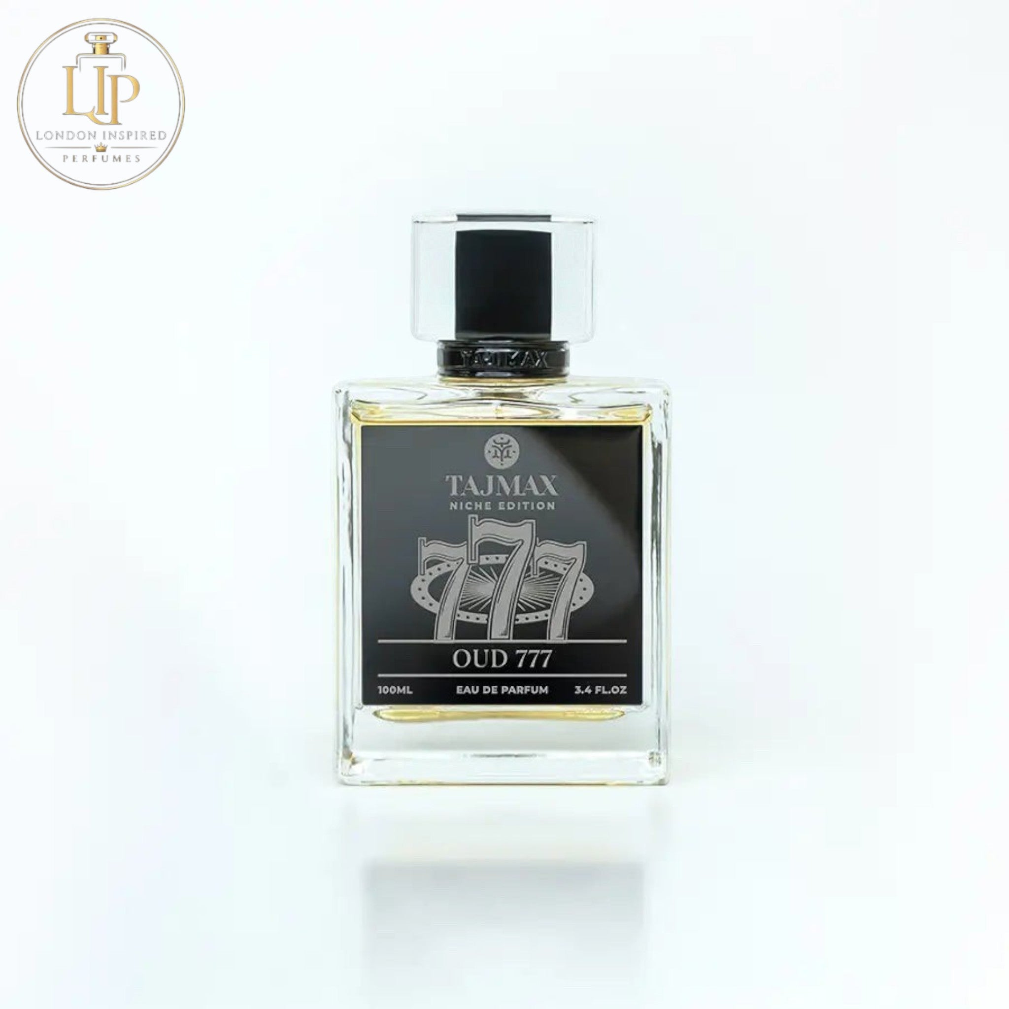 Perfume bottle labeled 'Tajmax Oud 777' on a white background