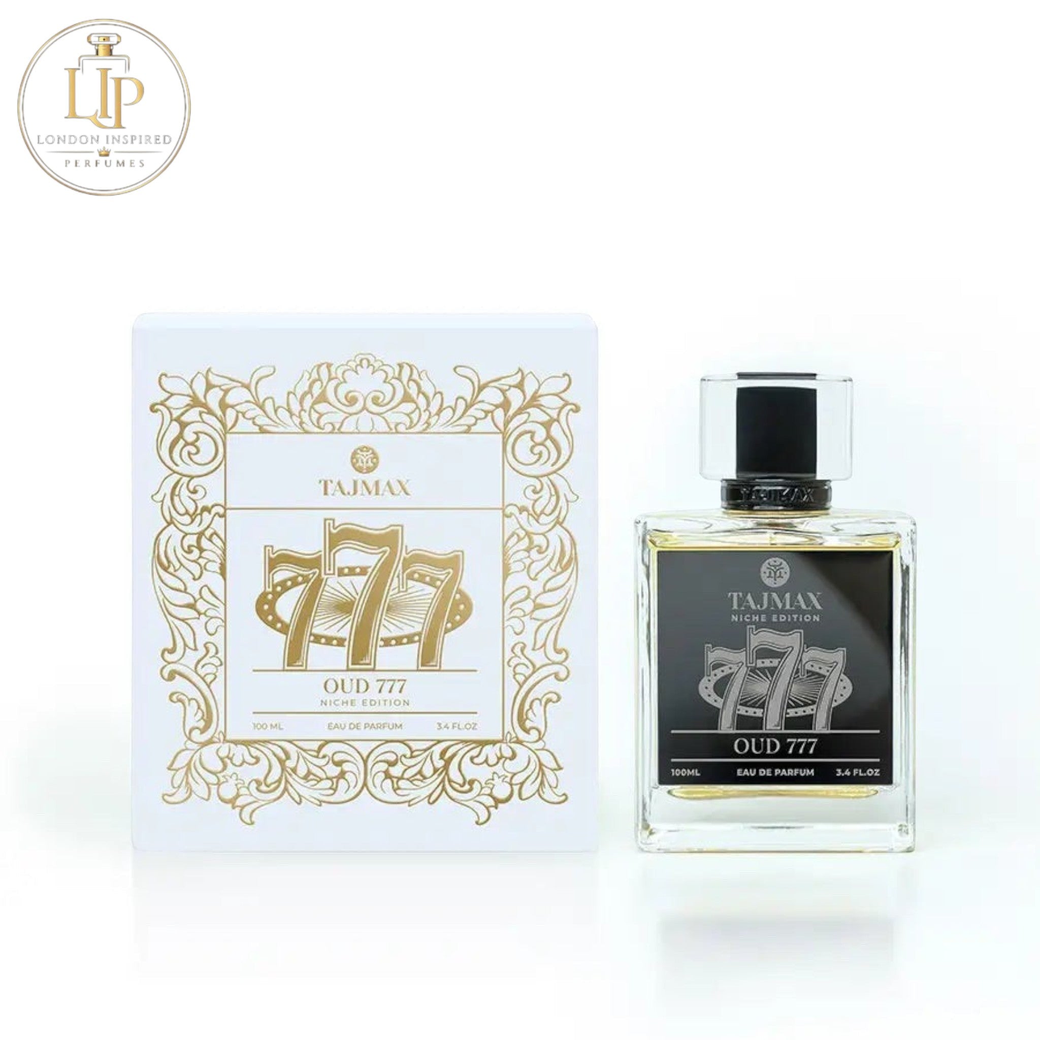 Tajmax Oud 777 perfume bottle and packaging on a white background