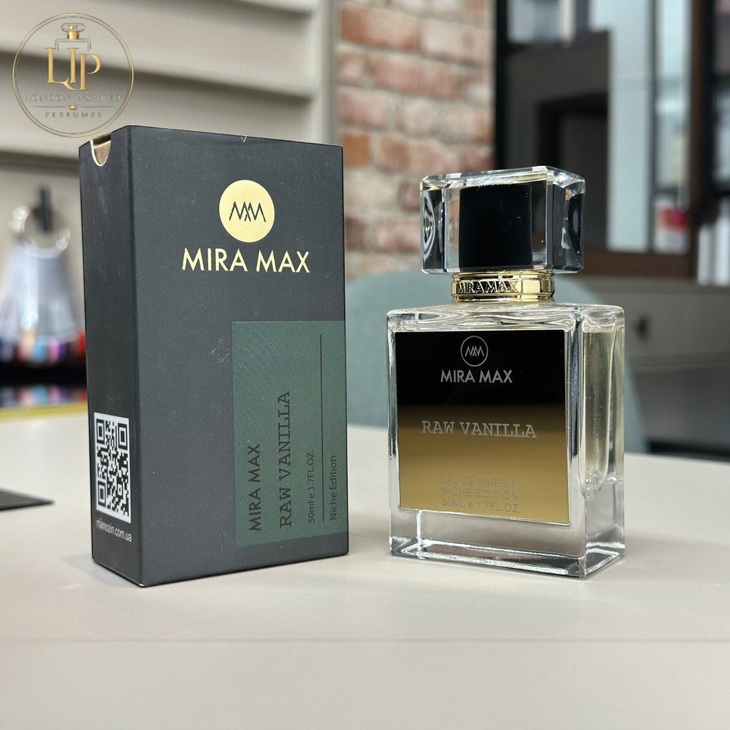 MIRA MAX Raw Vanilla perfume bottle and packaging on a surface with a blurred background