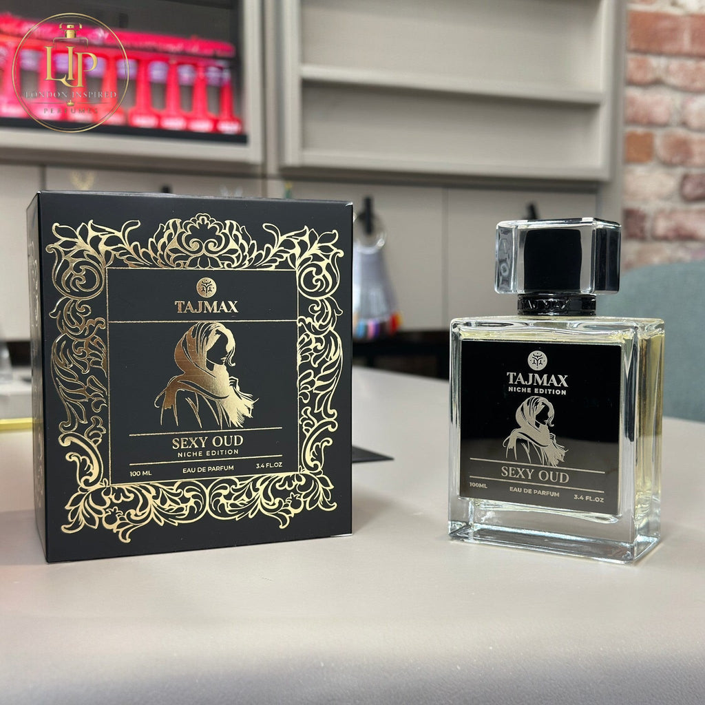 Tajmax Sexy Oud perfume bottle and packaging on a table