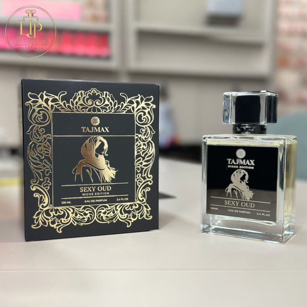 Tajmax Sexy Oud perfume bottle and packaging on a table