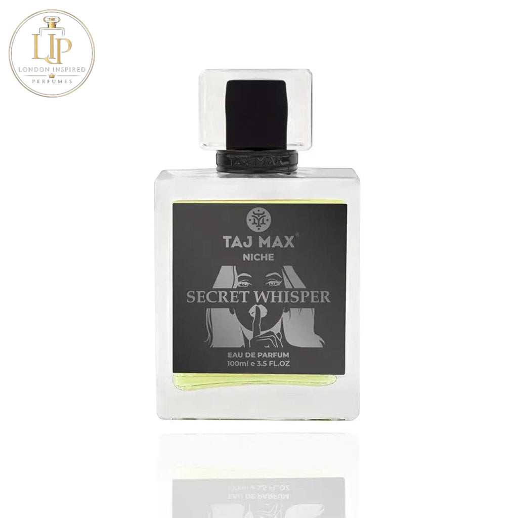 Perfume bottle labeled 'Secret Whisper' by Taj Max on a white background