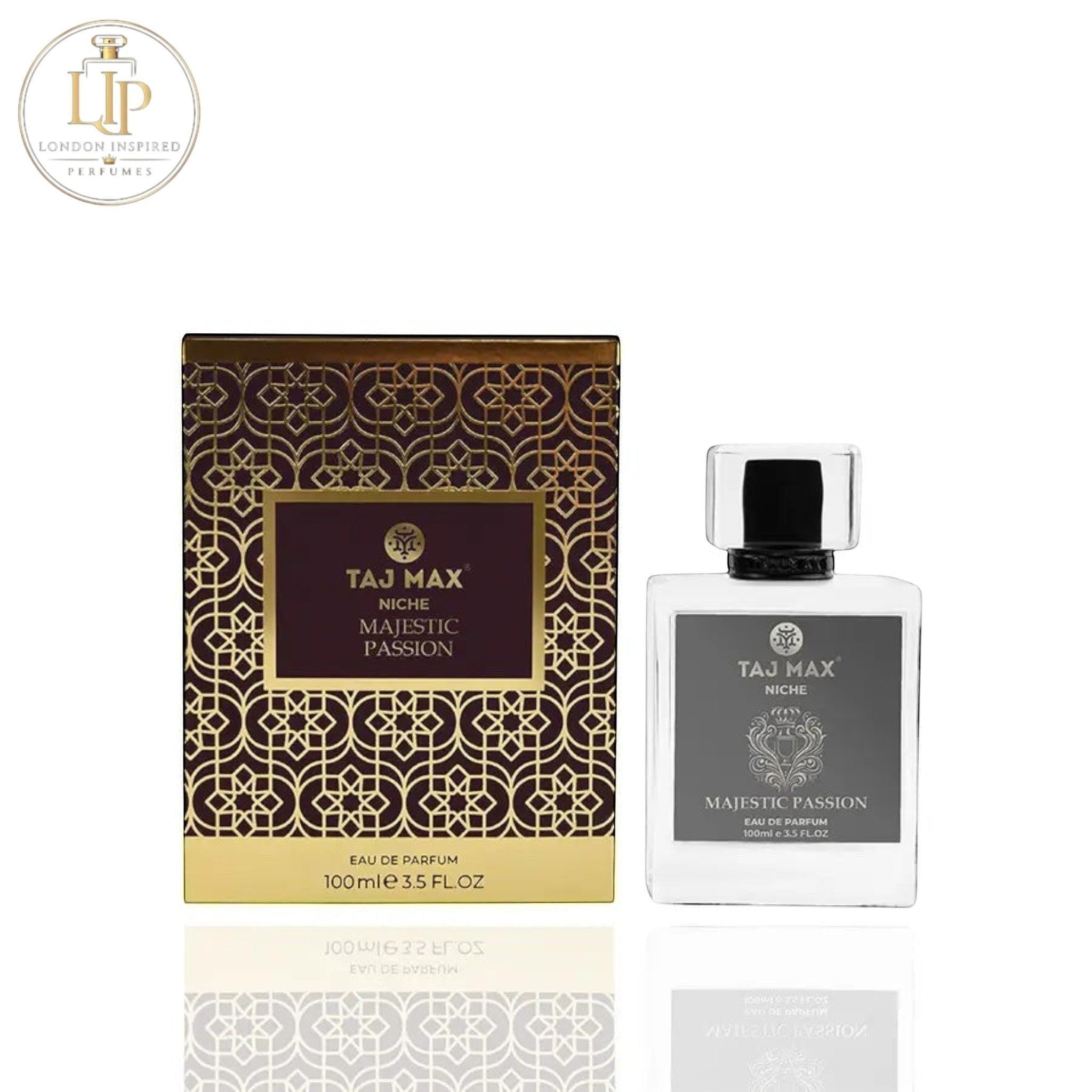Taj Max Majestic Passion perfume bottle and packaging on a white background