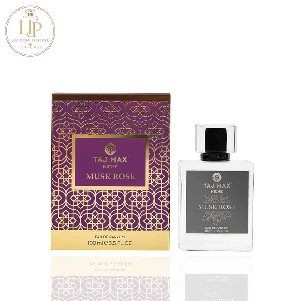 Taj Max Musk Rose perfume bottle and packaging on a white background