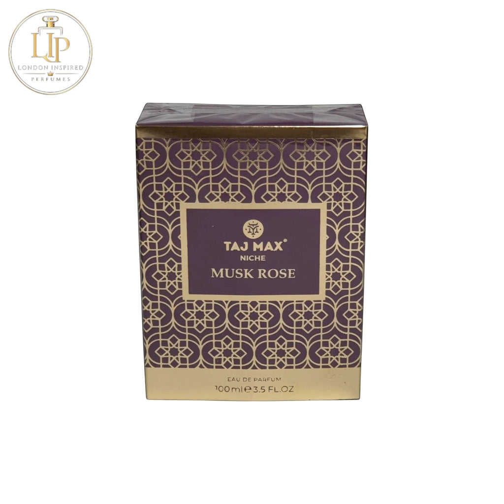 Taj Max Musk Rose perfume packaging with intricate design on a white background