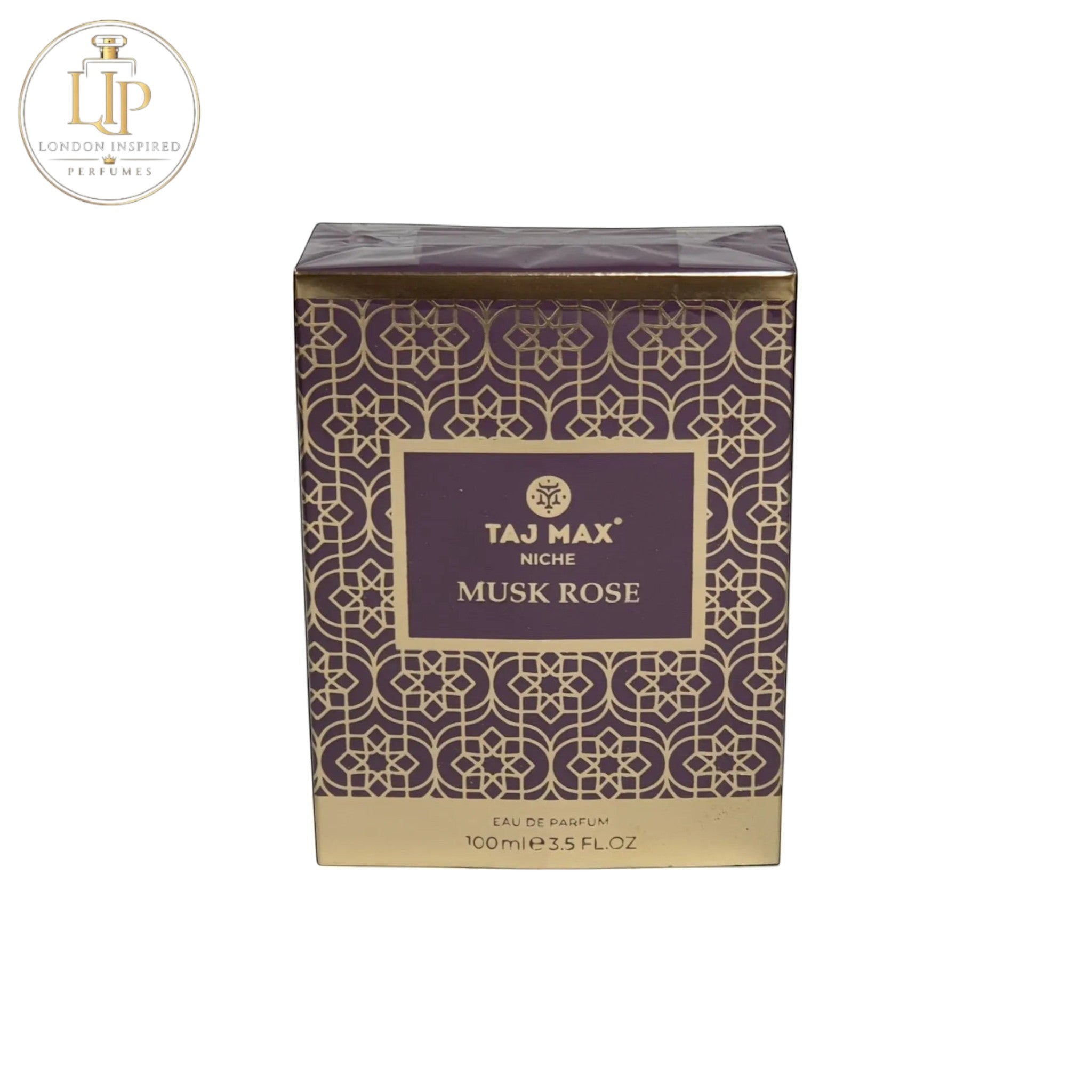 Taj Max Musk Rose perfume packaging with intricate design on a white background