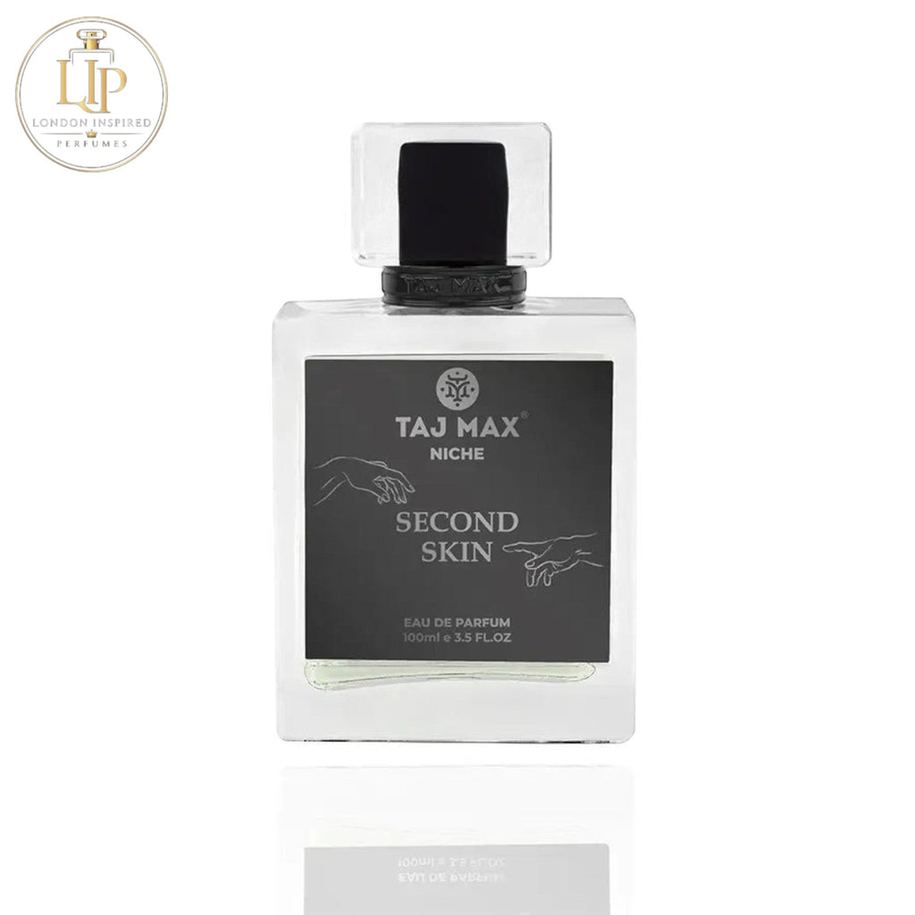 Perfume bottle labeled 'Taj Max Niche Second Skin' on a white background