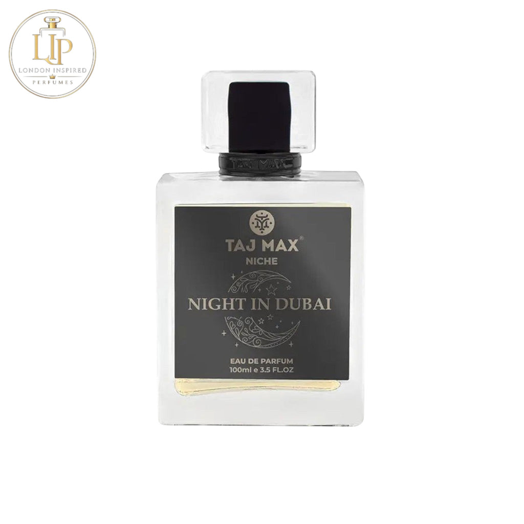 Perfume bottle labeled 'Taj Max Night in Dubai' on a white background