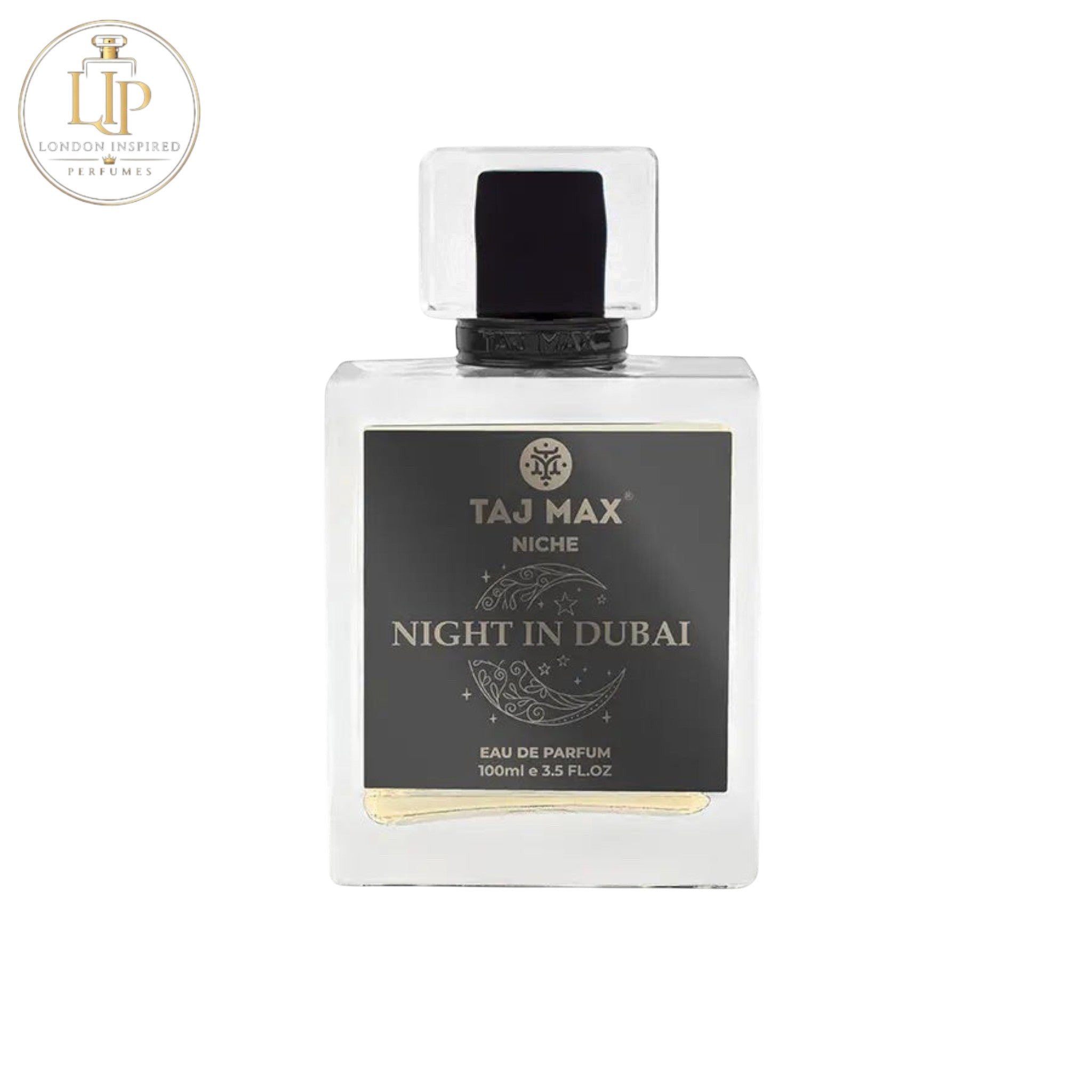 Perfume bottle labeled 'Taj Max Night in Dubai' on a white background