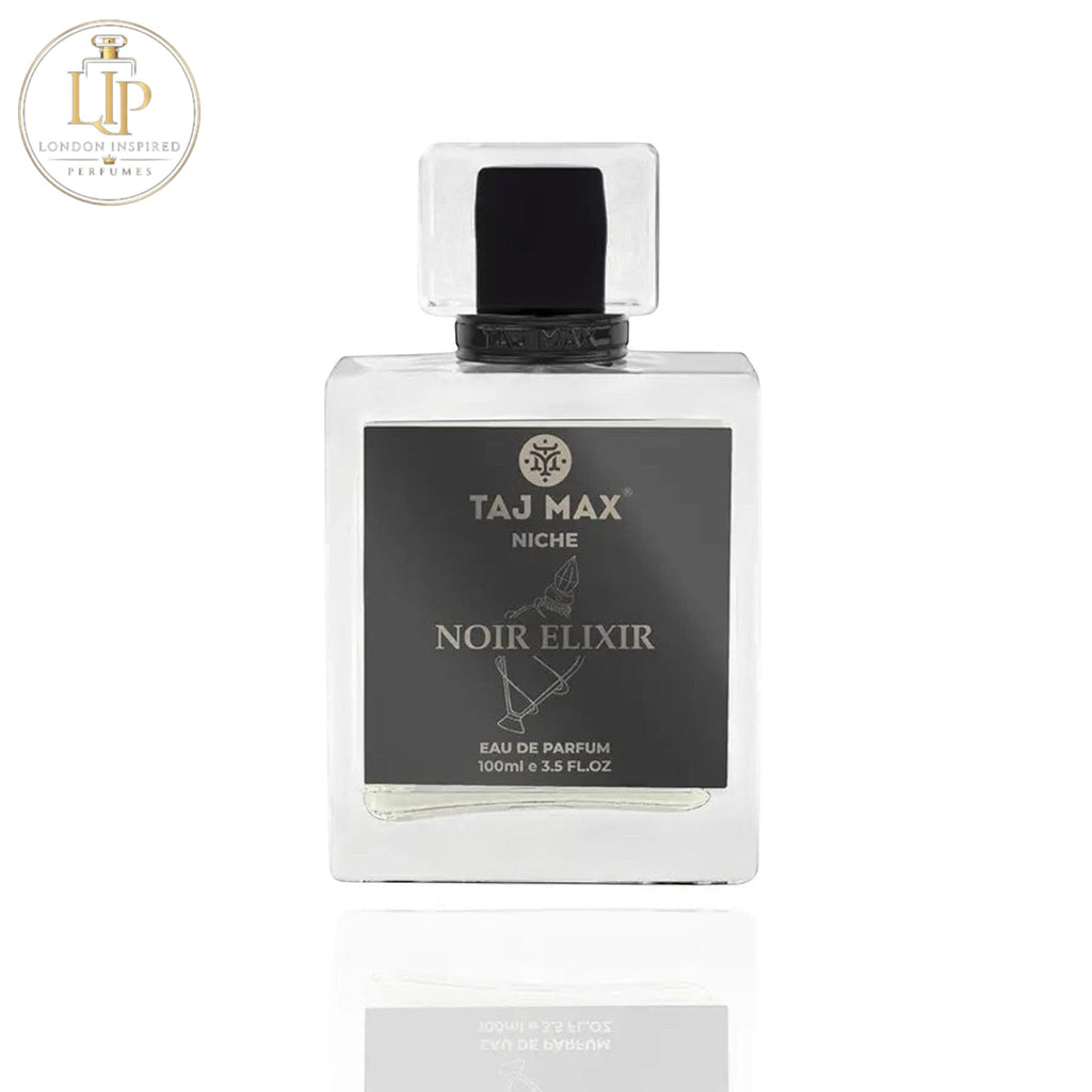 Taj Max Noir Elixir perfume bottle on a white background