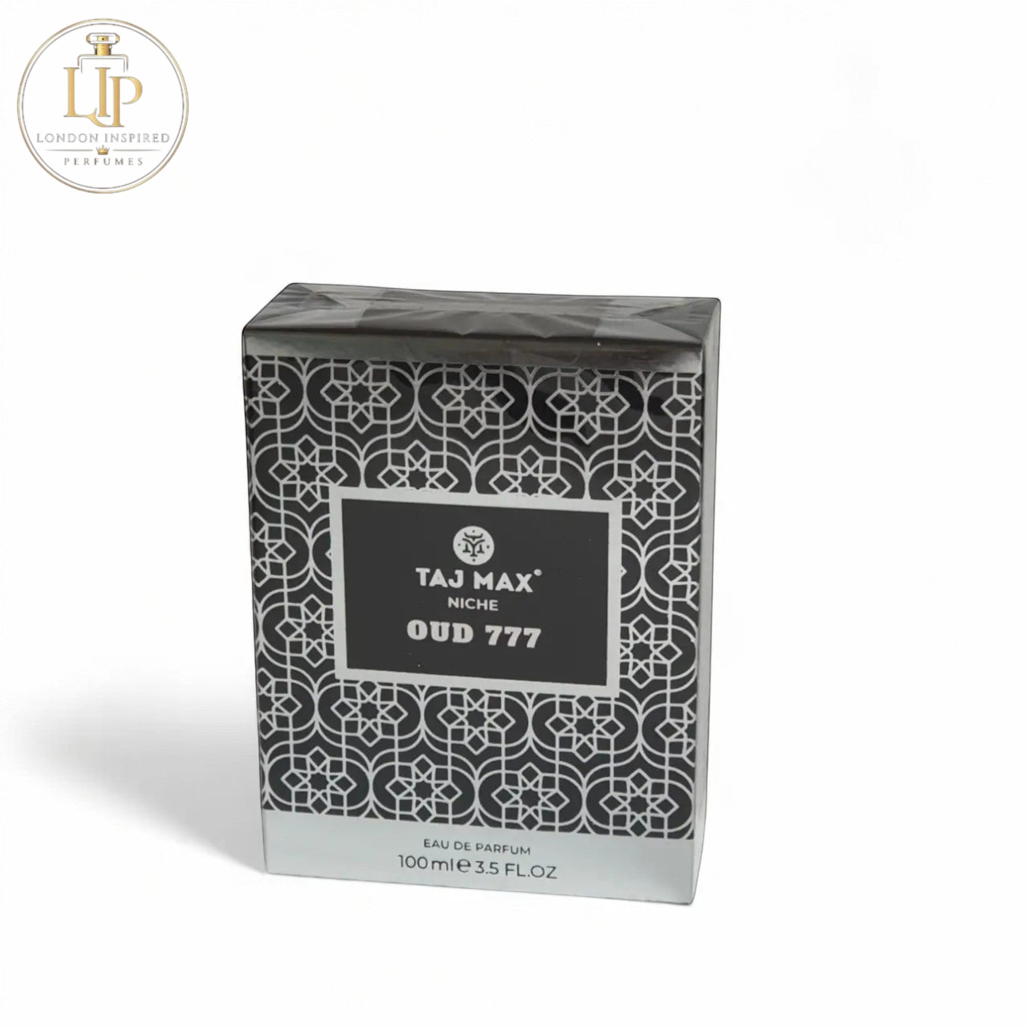 Taj Max Niche Oud 777 perfume packaging on a white background