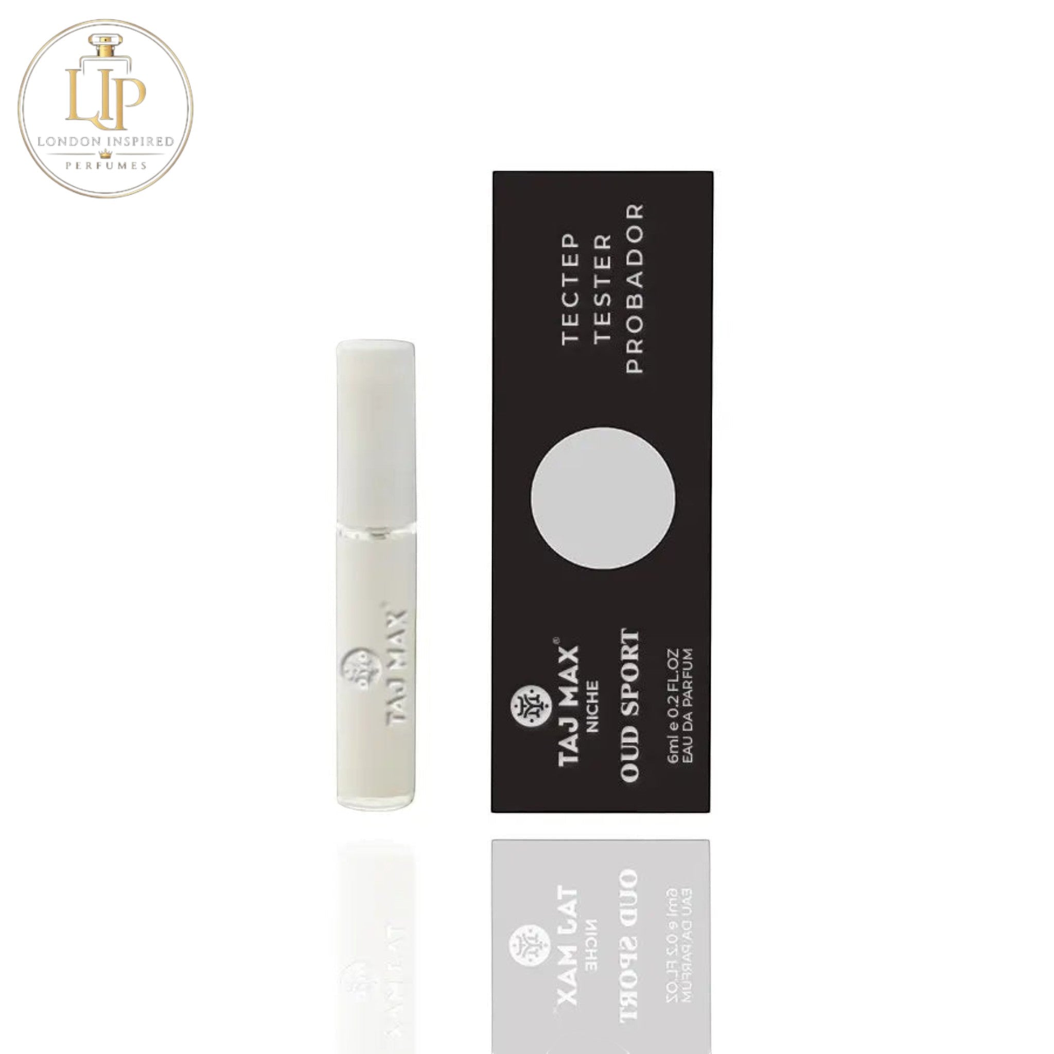 Taj Max Oud Sport perfume bottle on a white background