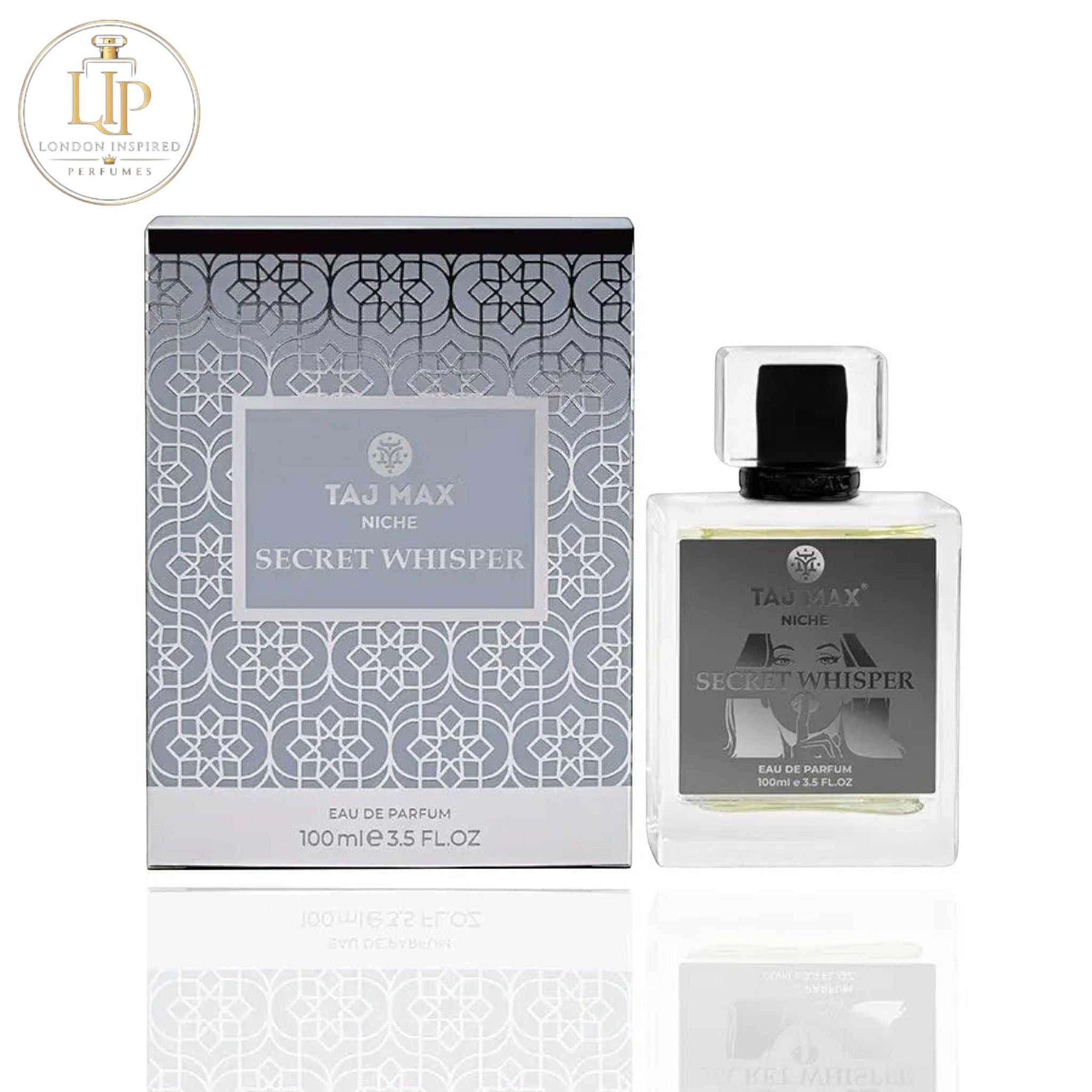 Taj Max Secret Whisper perfume bottle and packaging on a white background