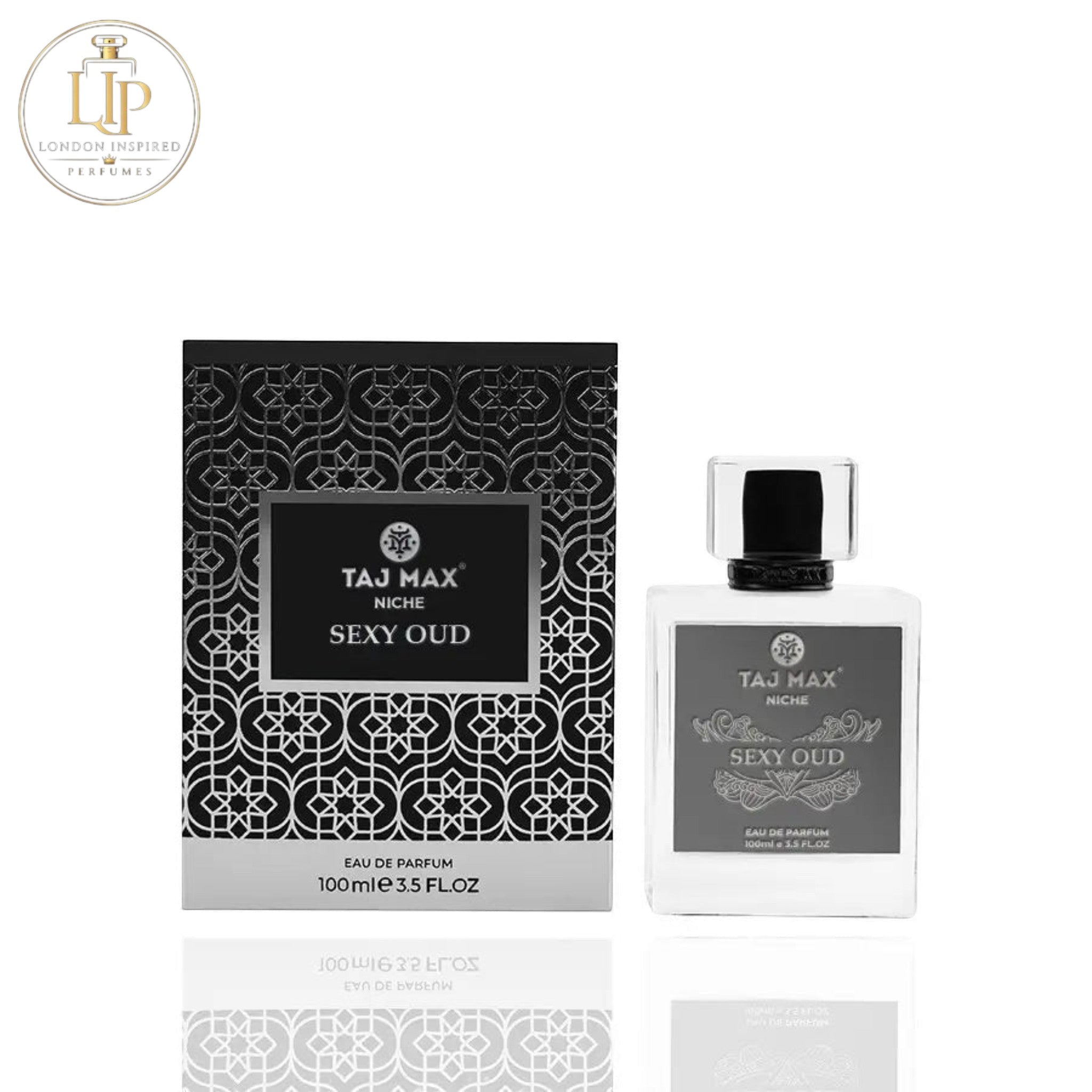 Taj Max Aqua Oud perfume bottle and packaging on a white background