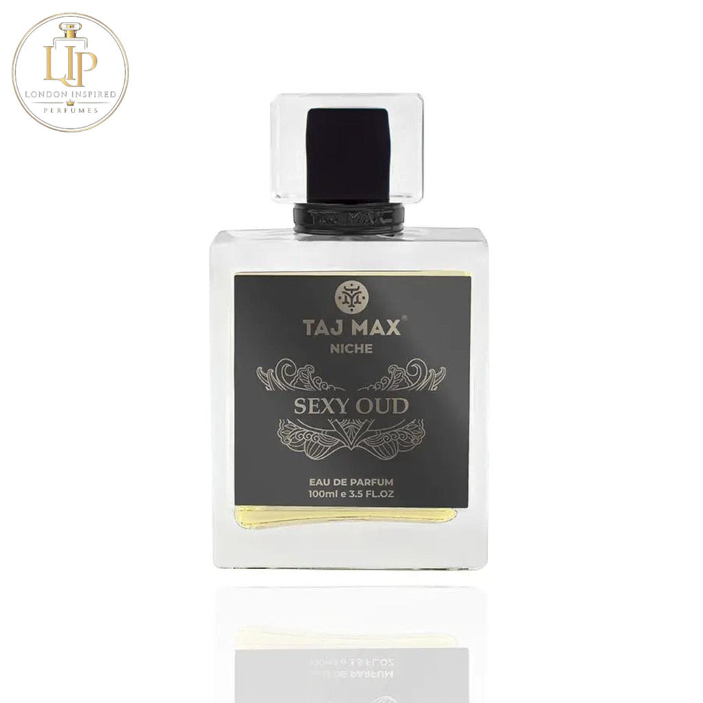 Taj Max Sexy Oud perfume bottle on a white background