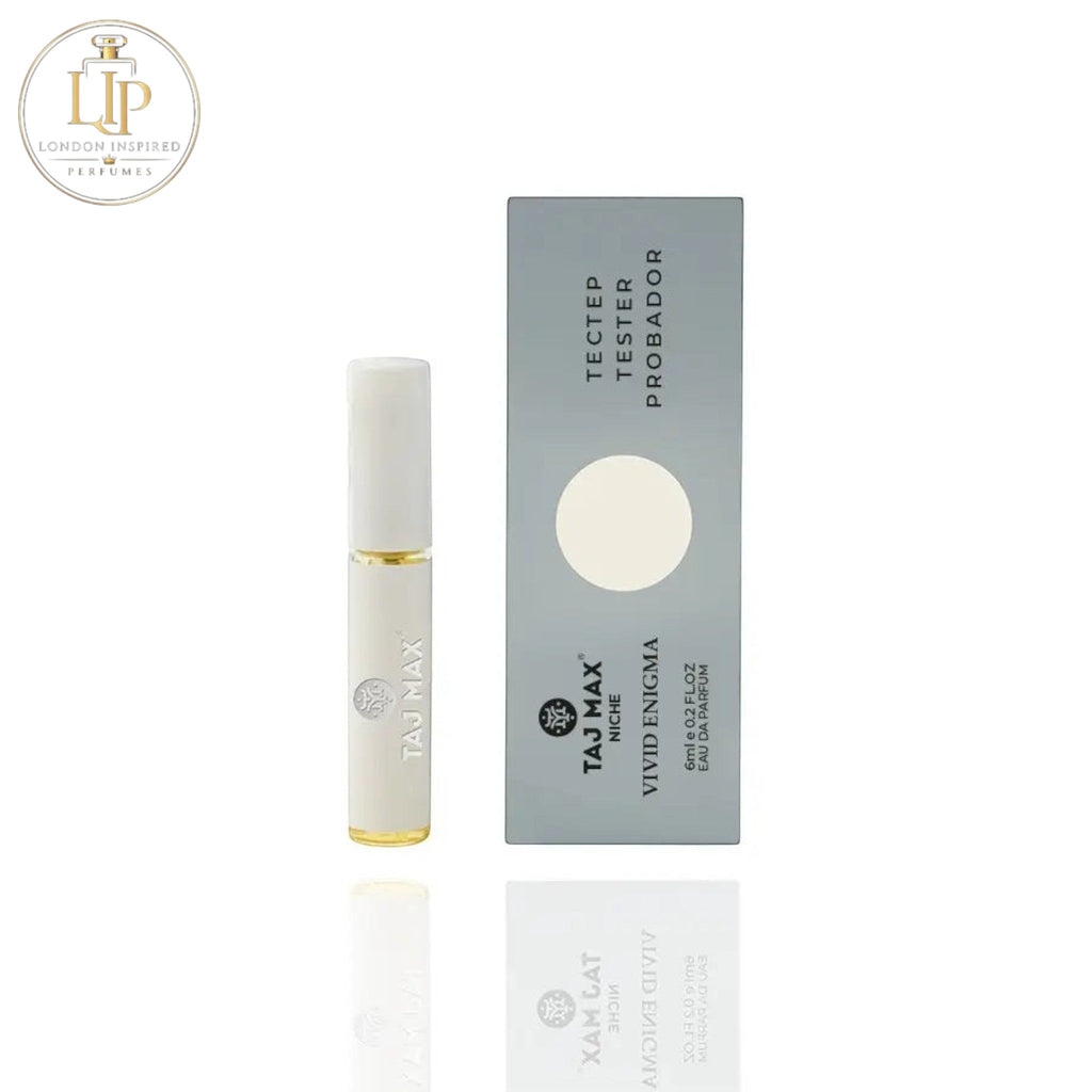 Perfume bottle and packaging with 'Taj Max' branding on a white background