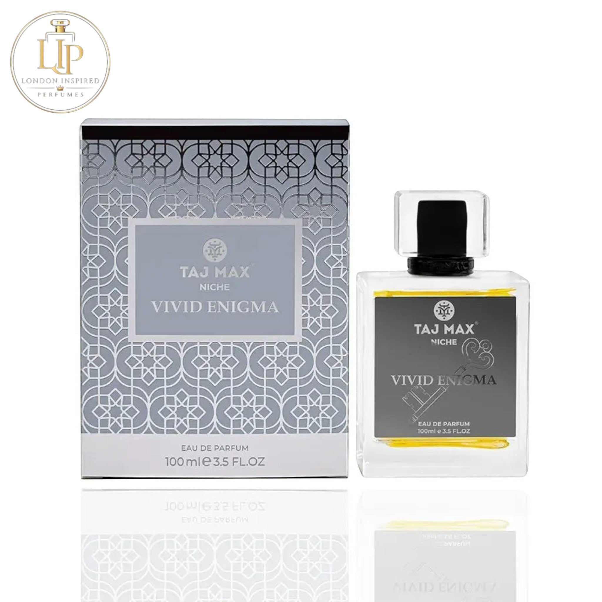 Taj Max Vivid Enigma perfume bottle and packaging on a white background