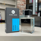 MIRA MAX Wildman perfume bottle and packaging on a table with a blurred background
