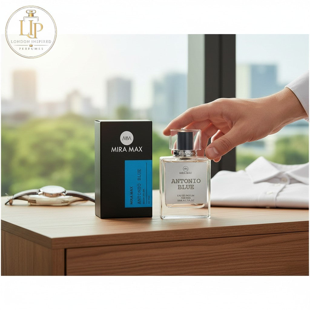 London Inspired Perfumes ANTONIO BLUE Mira Max Eau de Parfum for men, 50ml. Woody and fruity fragrance.