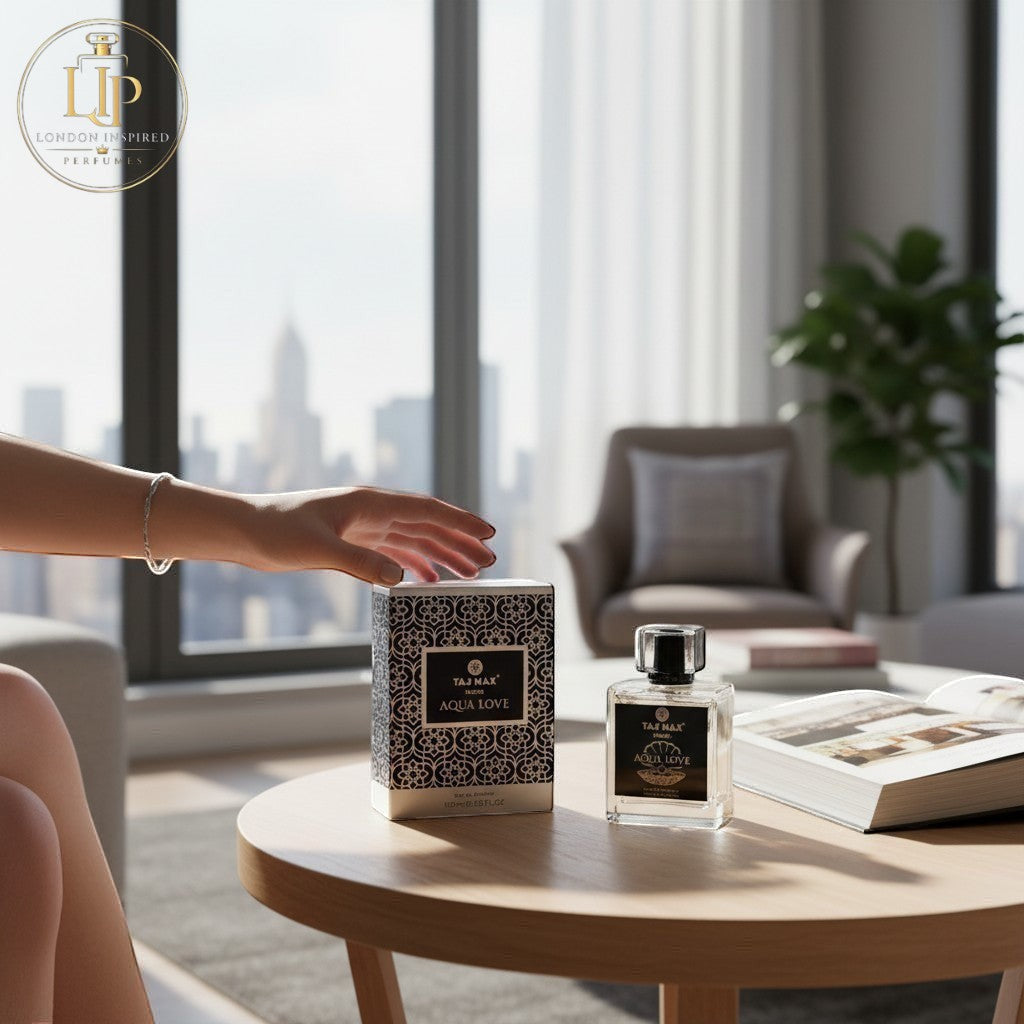 London Inspired Perfumes TAJ Max AQUA LOVE Eau de Parfum 100ml bottle and box with navy and white geometric pattern.