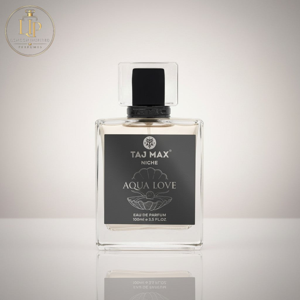 London Inspired Perfumes TAJ Max AQUA LOVE Eau de Parfum for unisex, 100ml bottle with a black cap and a grey label featuring a shell.