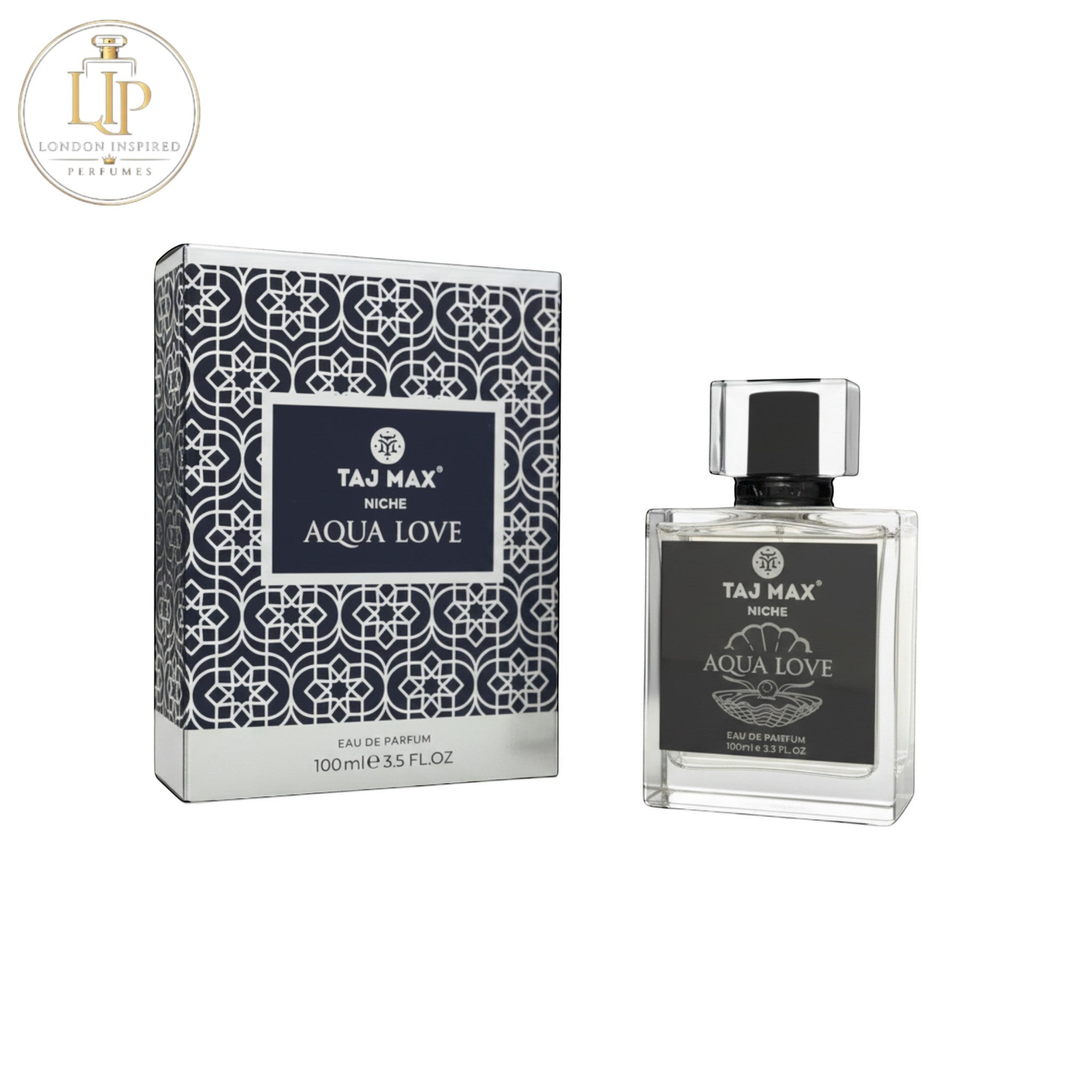 London Inspired Perfumes TAJ Max AQUA LOVE Eau de Parfum 100ml bottle and box with navy and white geometric pattern.