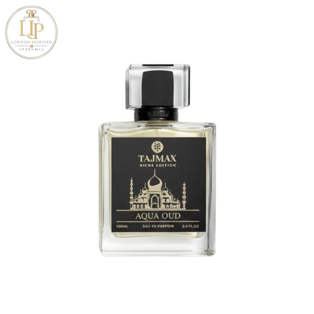 London Inspired Perfumes TAJ Max AQUA OUD Eau de Parfum 100ml bottle with ornate red box. Unisex woody leather fragrance.
