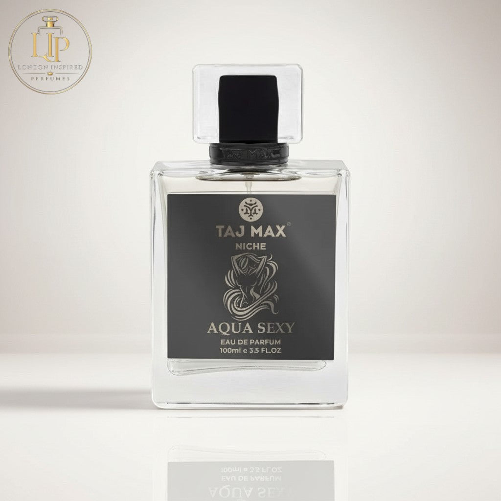 London Inspired Perfumes TAJ MAX AQUA SEXY Eau de Parfum 100ml bottle with a black cap and a dark grey label.