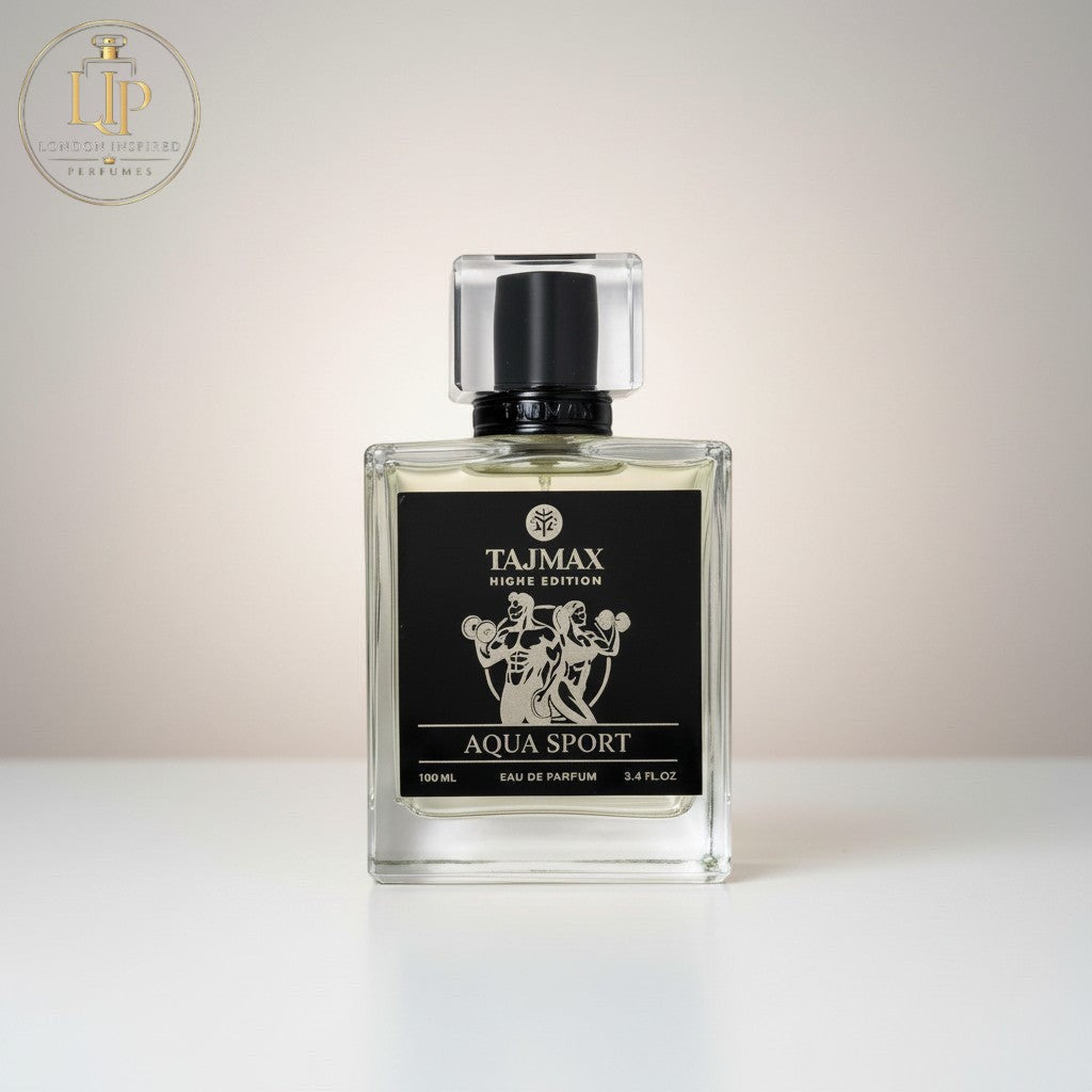 London Inspired Perfumes TAJ Max AQUA SPORT Eau de Parfum for men and women, 100ml bottle with a black label featuring athletic figures.