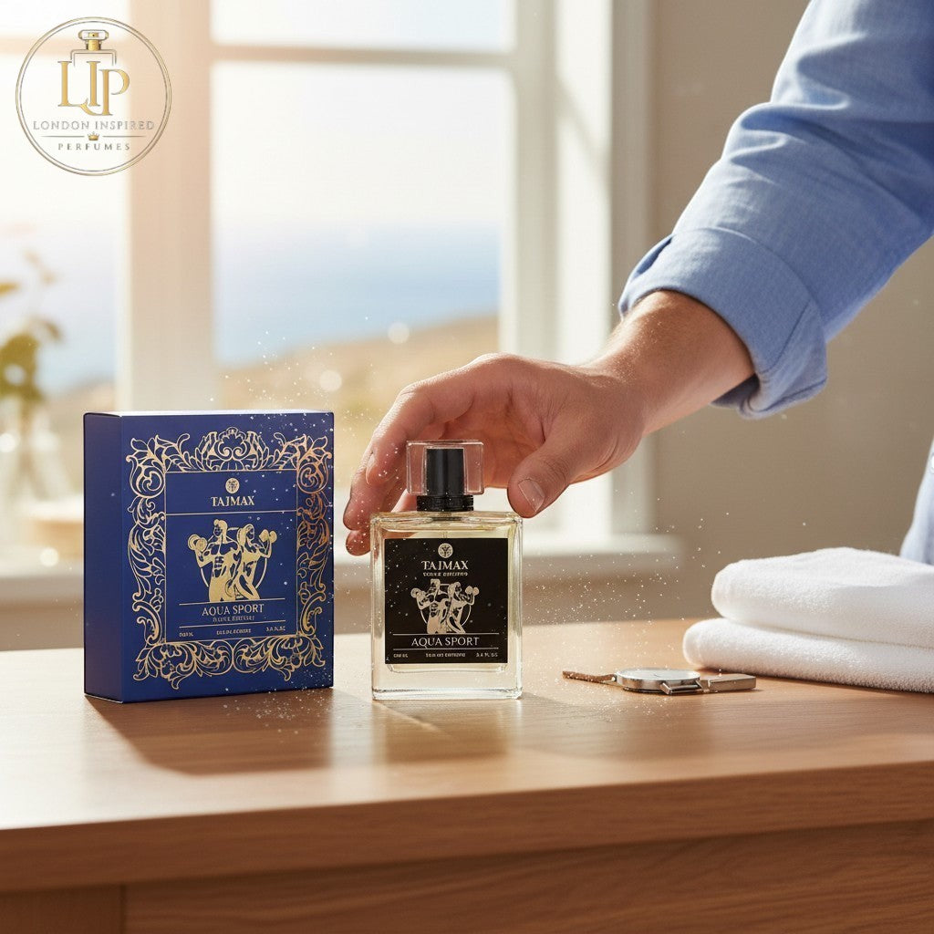 London Inspired Perfumes TAJ Max AQUA SPORT Eau de Parfum for men and women, 100ml bottle with blue box.