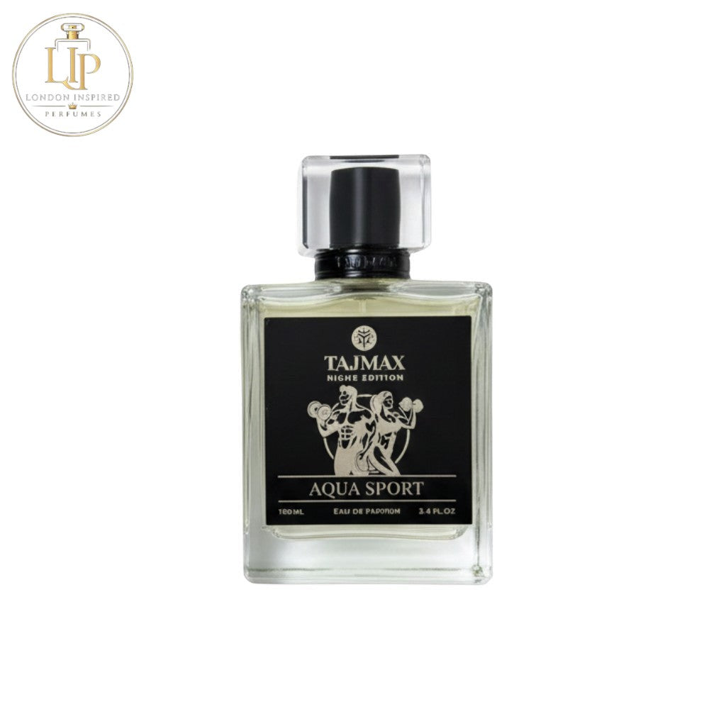 London Inspired Perfumes TAJ Max AQUA SPORT Eau de Parfum 100ml bottle and box with athletic figures.