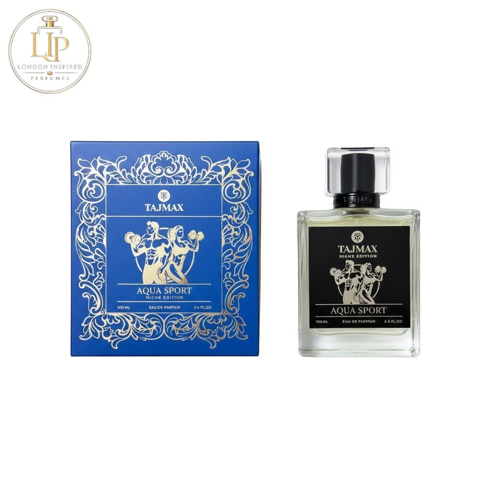 London Inspired Perfumes TAJ Max AQUA SPORT Niche Edition 100ml Eau de Parfum bottle and box with gold athletic figures.