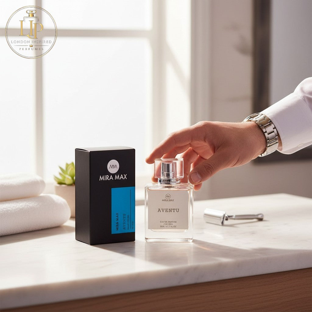 London Inspired Perfumes AVENTU Mira Max 50ml Eau de Parfum for men, a chypre fruity fragrance with citrus, apple, and pineapple top notes.