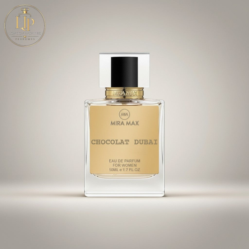 London Inspired Perfumes Chocolate Dubai Mira Max Eau de Parfum for women, 50ml. Sweet gourmand fragrance with notes of caramel, pistachio, chocolate, and vanilla.