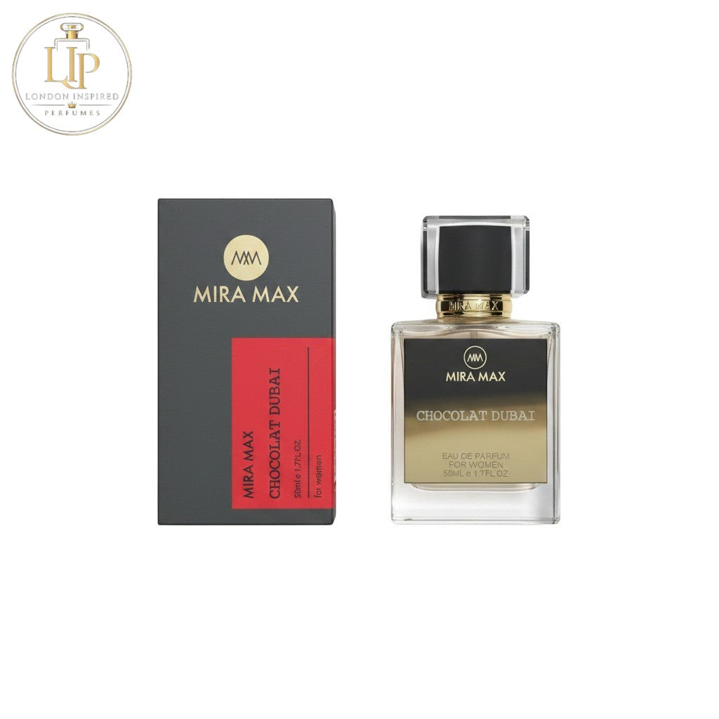 London Inspired Perfumes Chocolate Dubai Mira Max Eau de Parfum for women, 50ml. Gourmand fragrance with chocolate, pistachio, and caramel notes.