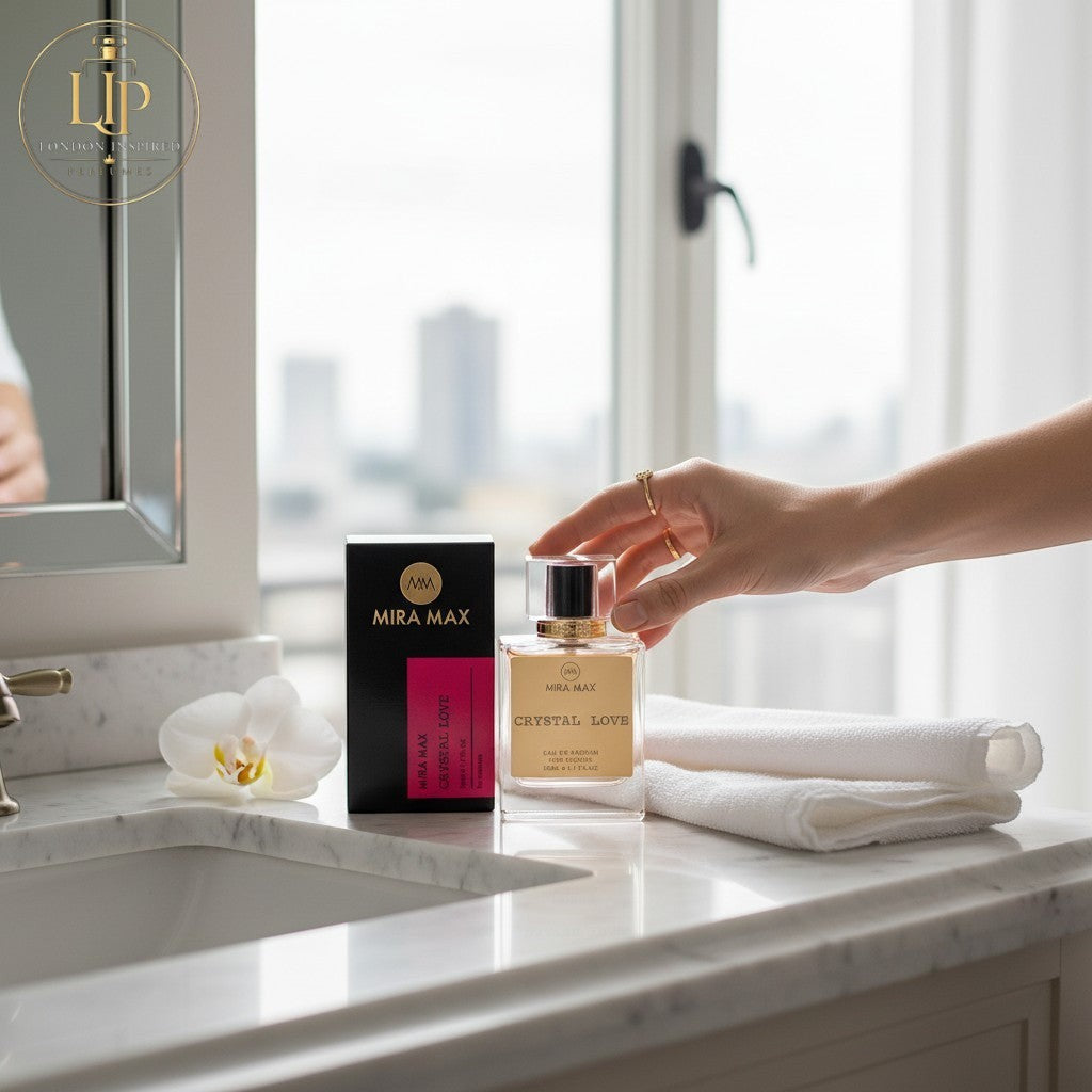 London Inspired Perfumes Crystal Love MIRA MAX Eau de Parfum for women, 50ml. Fruity, floral scent with oriental rose, white chocolate, vanilla notes.