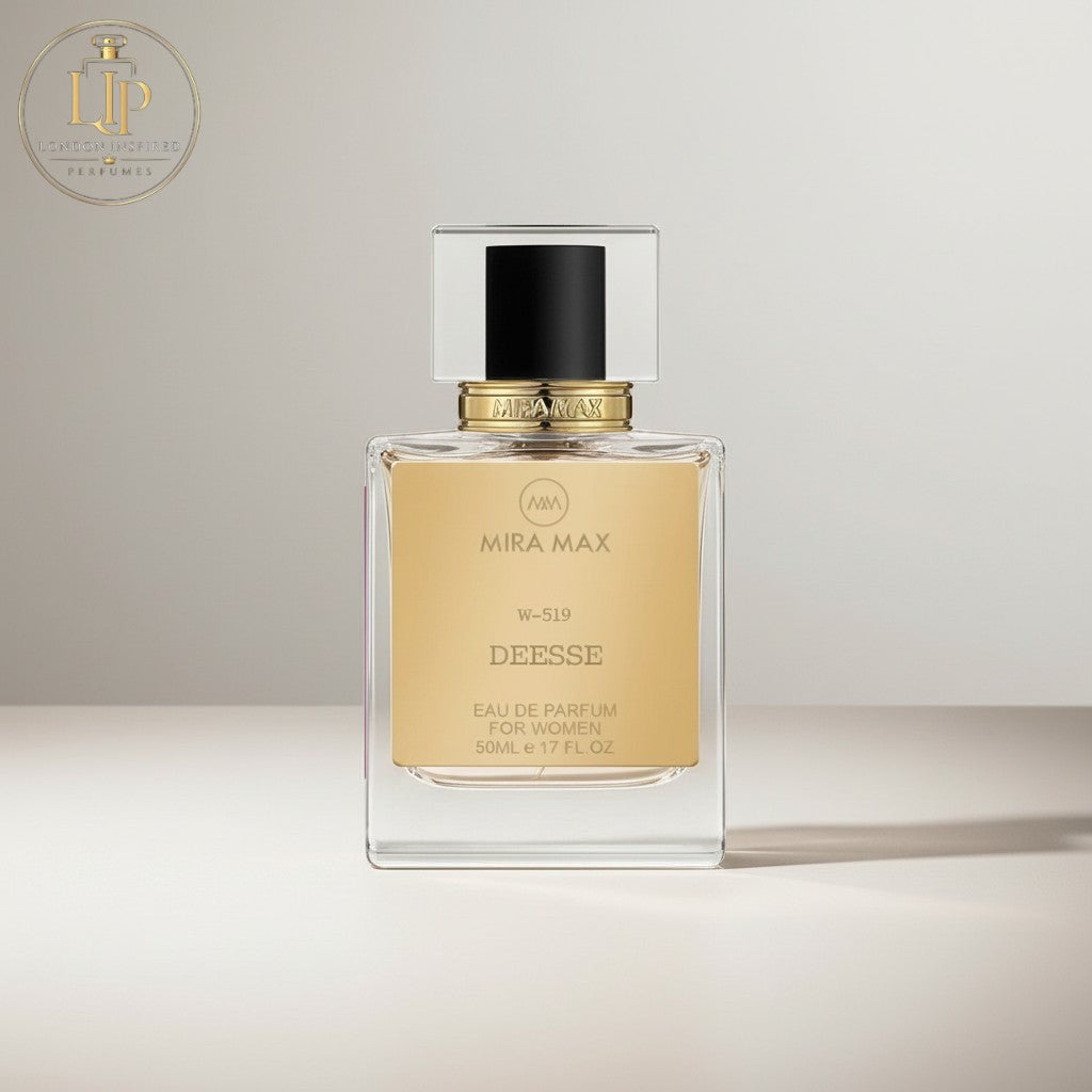 London Inspired Perfumes DÉESSE MIRA MAX Eau de Parfum for women, 50ml bottle with gold label and black cap.