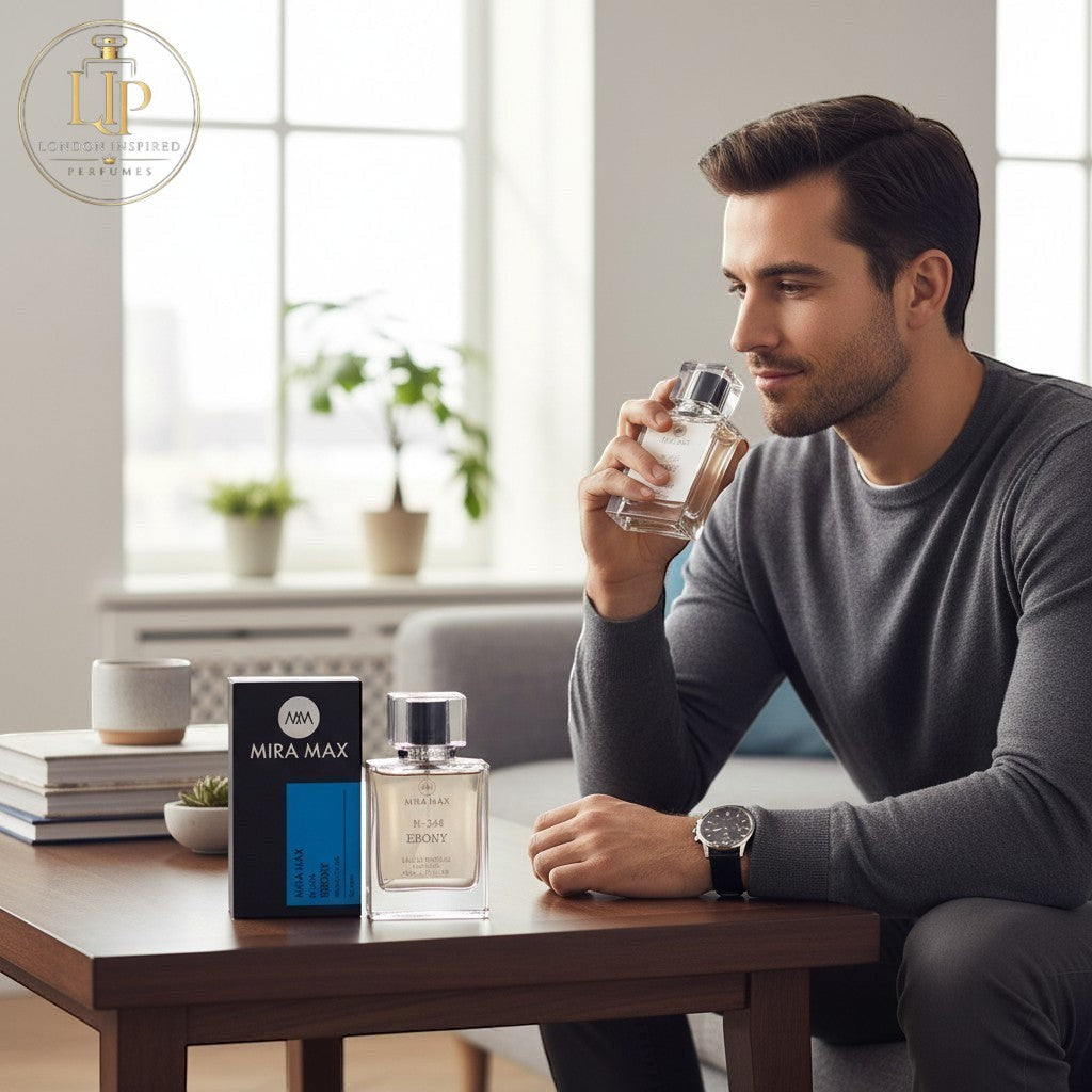 London Inspired Perfumes EBONY MIRA MAX 50ml Eau de Parfum for men, woody fragrance with juniper berries, guaiac tree, and patchouli notes.