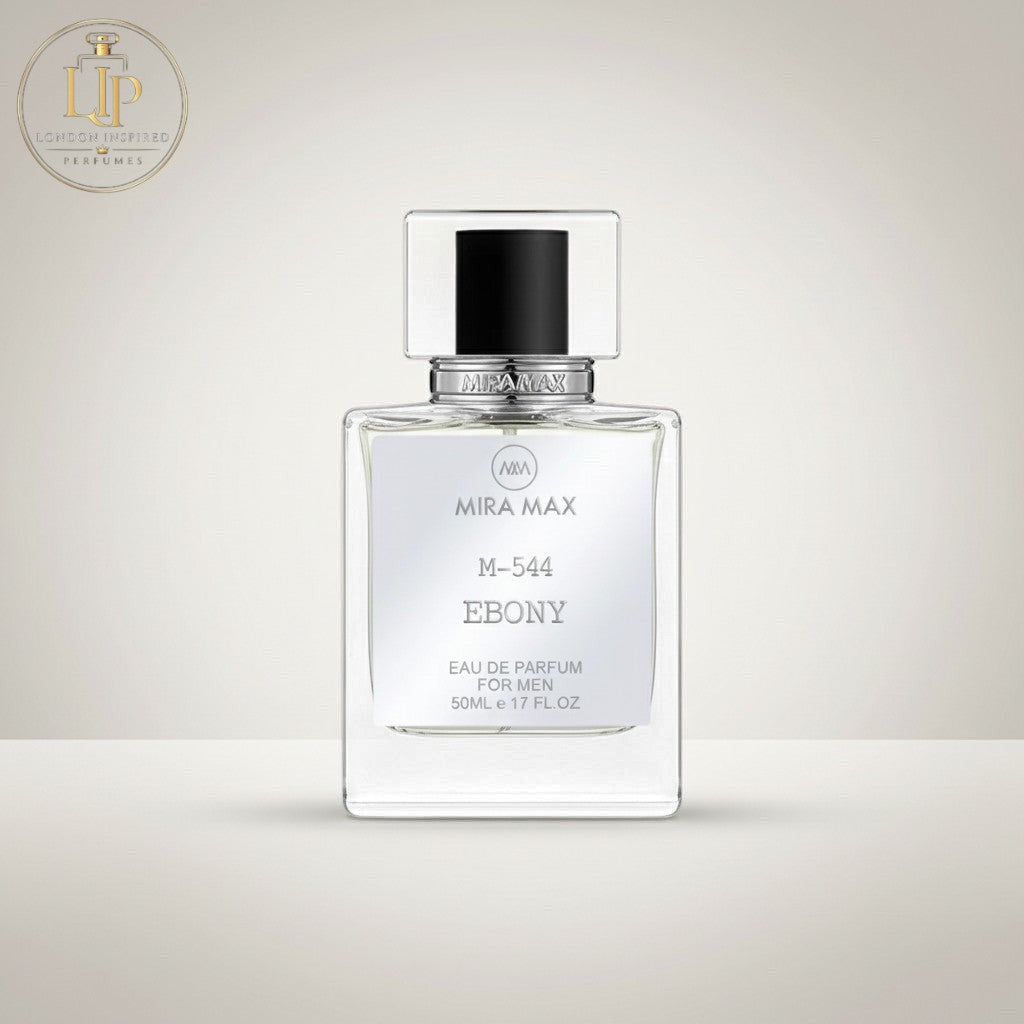 London Inspired Perfumes EBONY MIRA MAX 50ml Eau de Parfum for Men, woody fougere fragrance with juniper, guaiac wood, and patchouli notes.